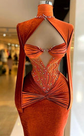 Elegante vestido de noche largo de terciopelo naranja quemado, vestido de desfile Y991